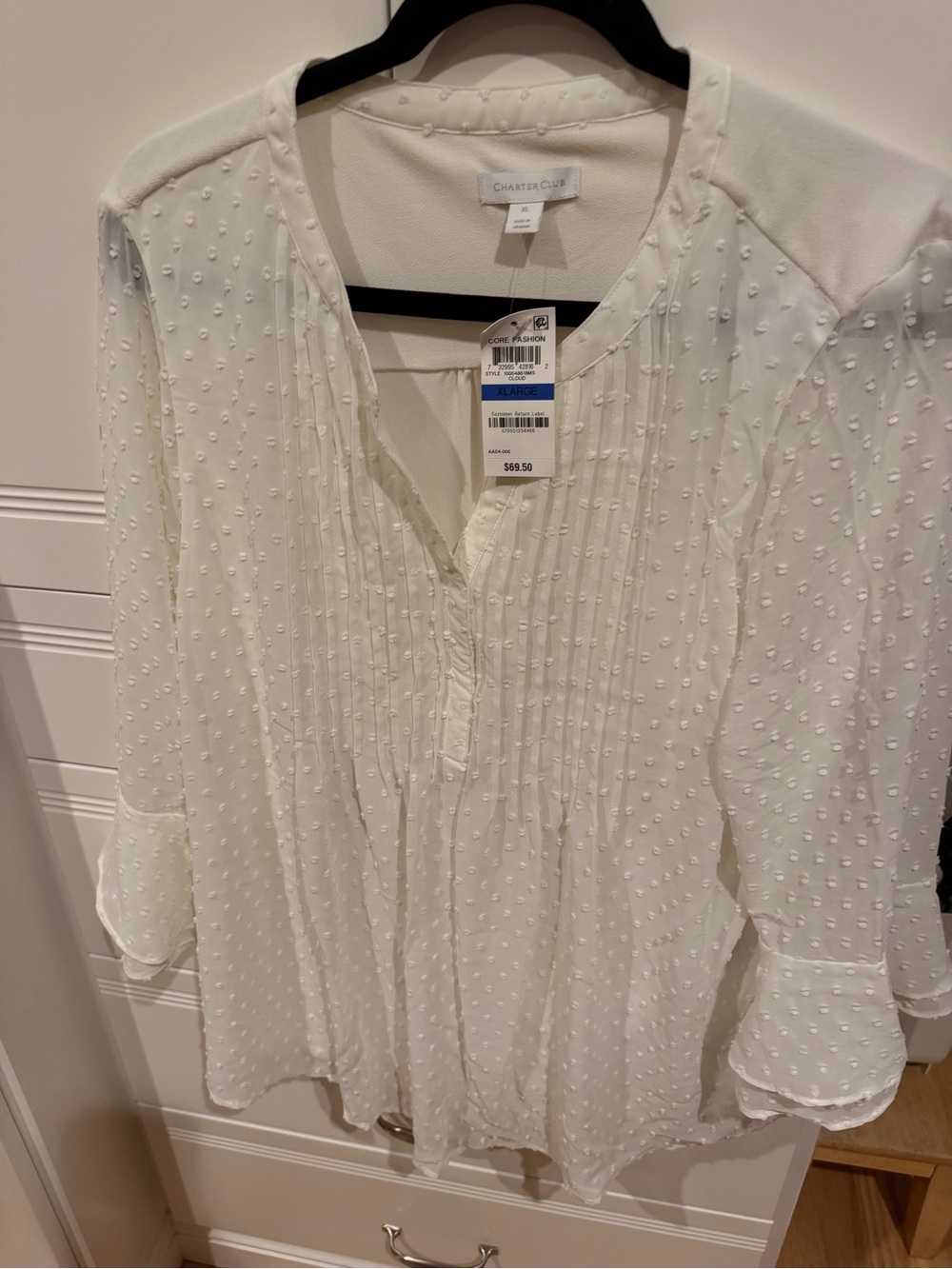 NWT Charter Club White Swiss Dot Pintuck Blouse